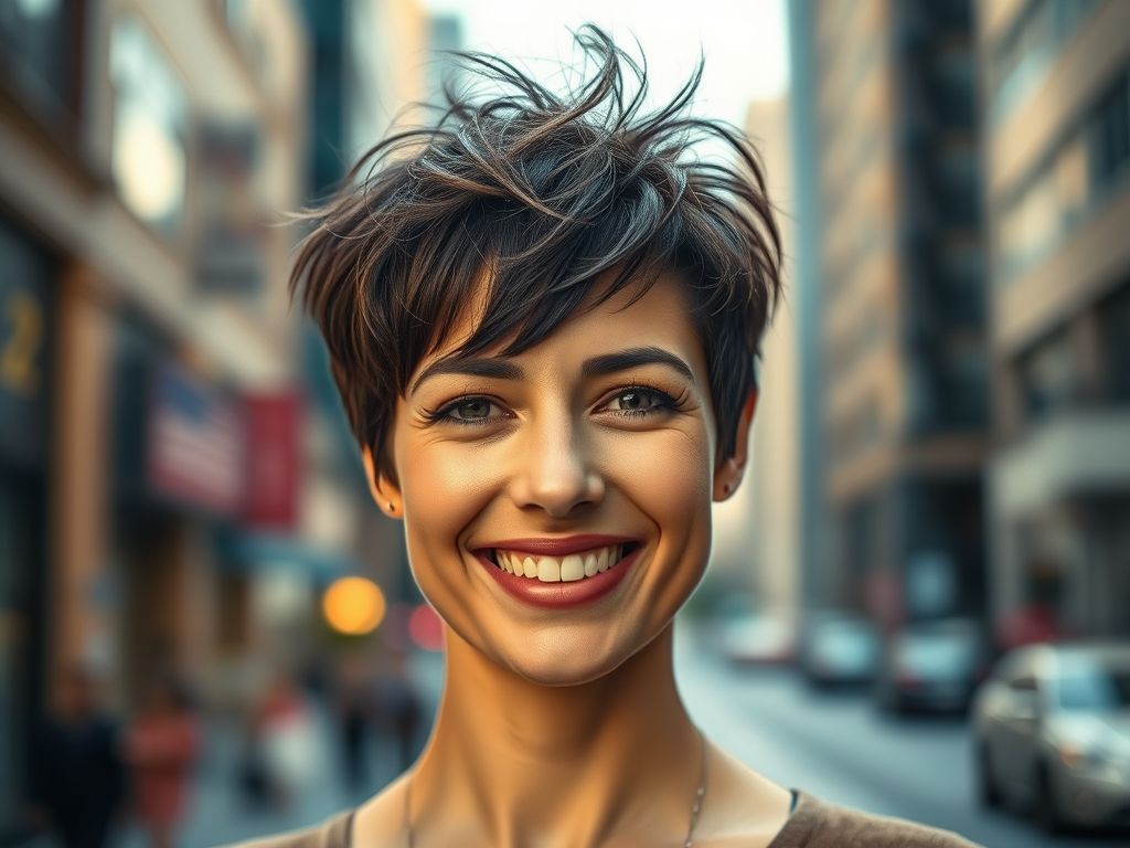 Mulher sorrindo com um corte pixie moderno e textura levemente bagunçada.