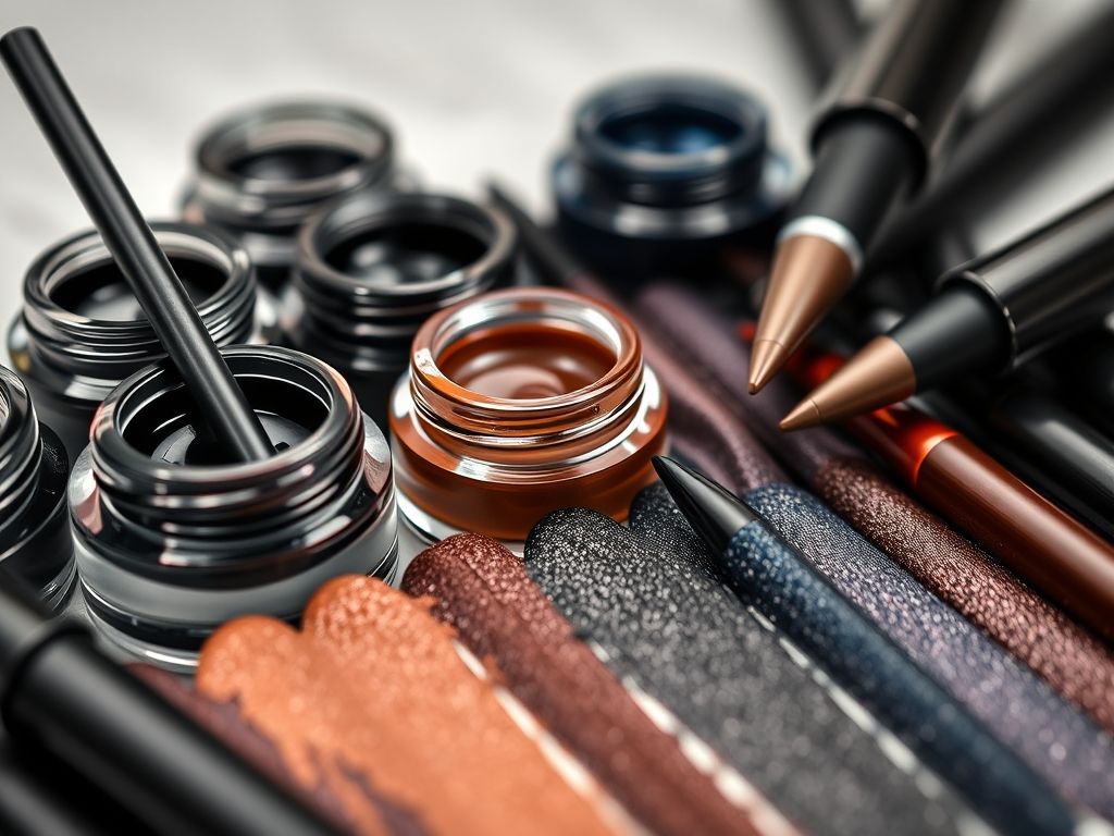 Close-up de diferentes tipos de delineadores em gel, incluindo em pote com pincel chanfrado e em formato de caneta, mostrando amostras de cores e texturas.