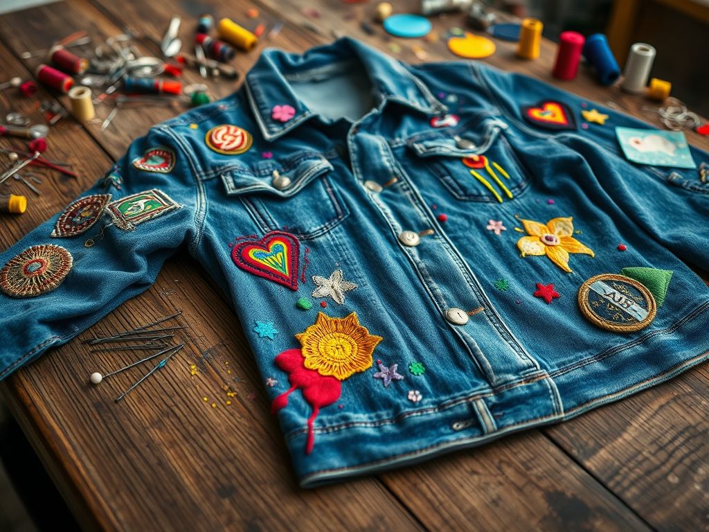 Detalhe de uma jaqueta jeans sendo customizada com diversos patches, bordados e tintas coloridas.