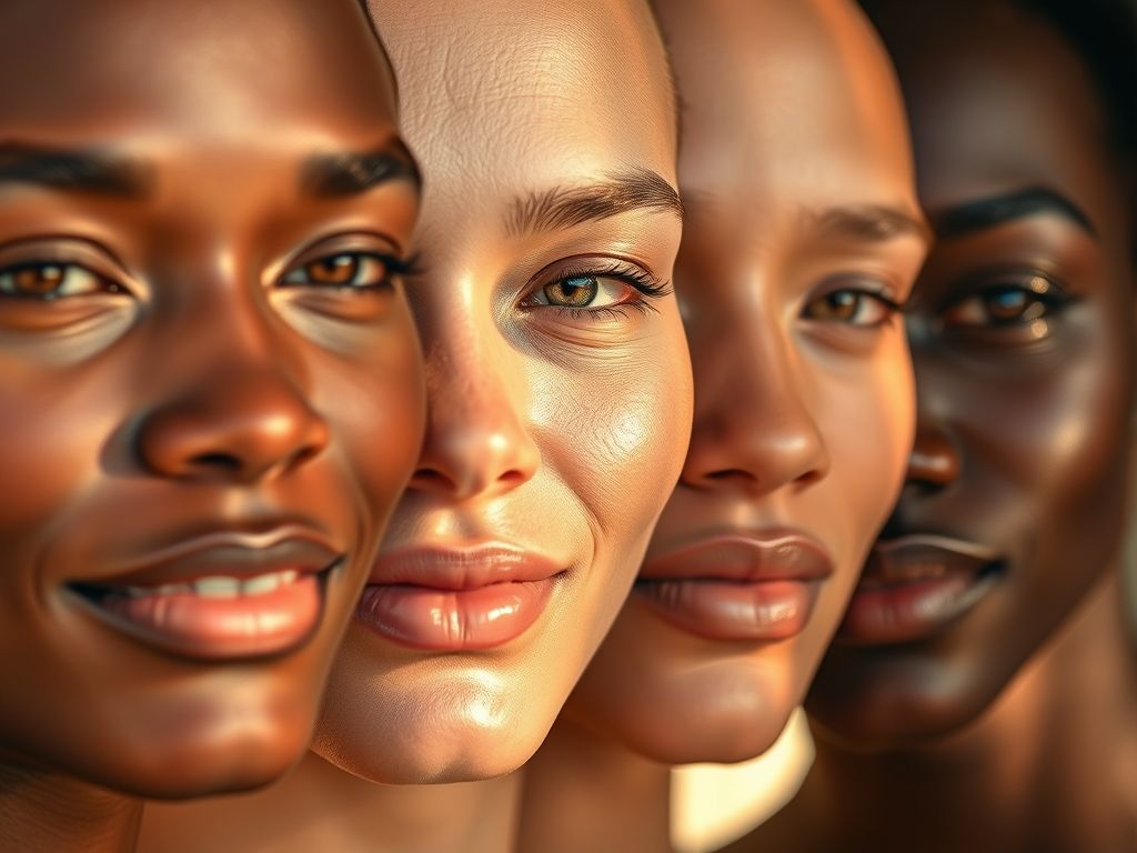 Close-up mostrando diferentes tons de pele com aplicação sutil e natural de protetor solar com cor, evidenciando a uniformização e o brilho saudável.