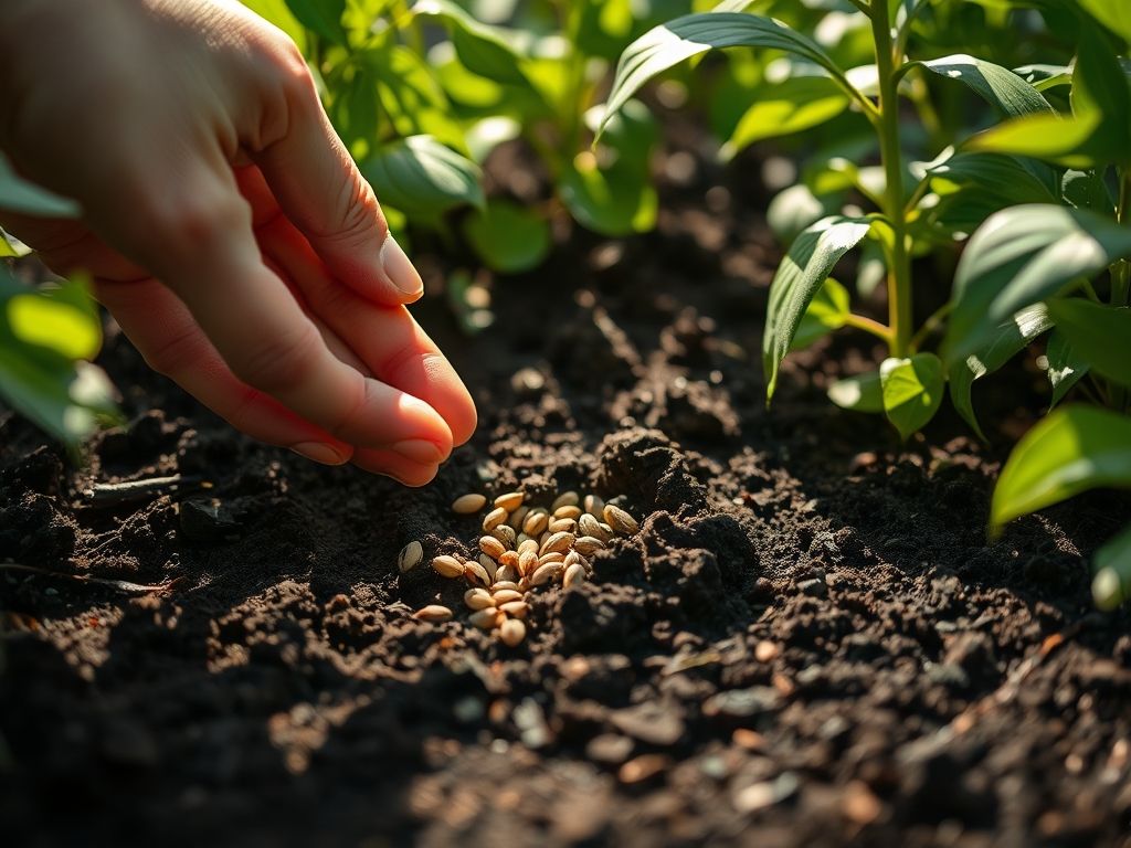Mão semeando sementes de endro em solo fértil.