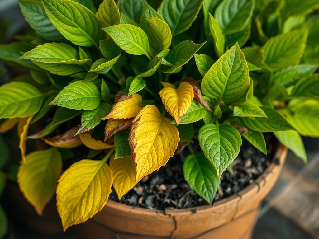 Planta em vaso com folhas amareladas e solo seco, indicando possível falta de água.