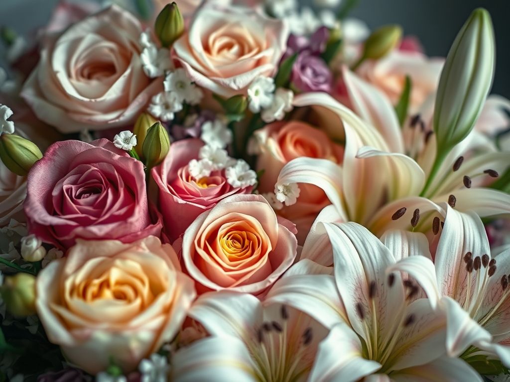 Close de diversas flores como rosas, jasmim e lírios, representando a variedade de aromas florais.