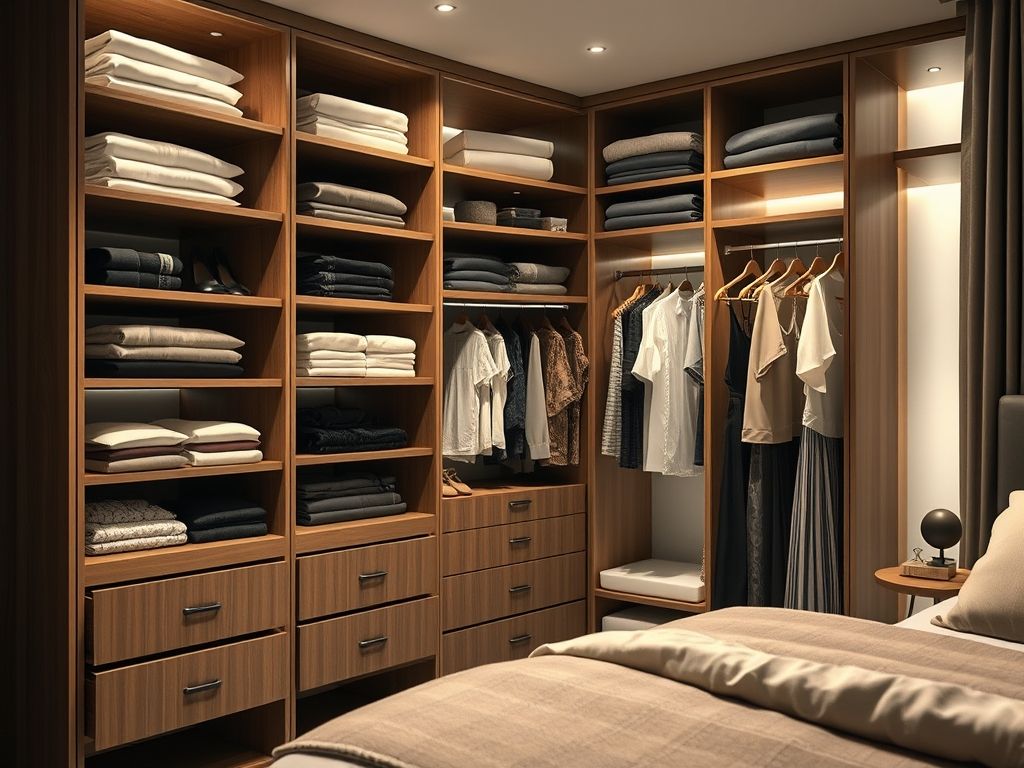 Detalhe interno de um guarda-roupa planejado, mostrando a organização inteligente do espaço com diferentes compartimentos.