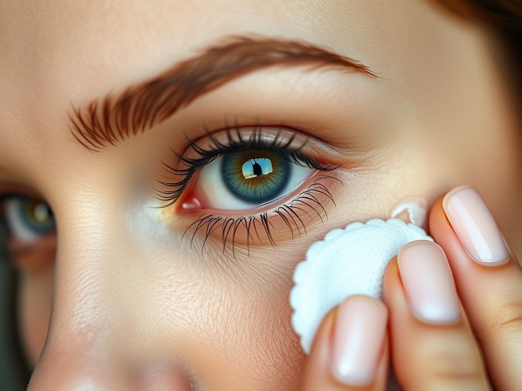 Mulher removendo maquiagem à prova d'água dos olhos com demaquilante bifásico.