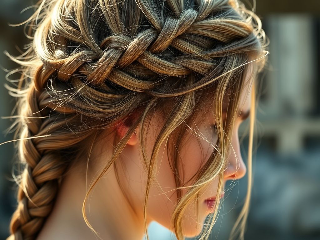 Close-up de uma trança espinha de peixe com detalhes intrincados e um estilo boho.