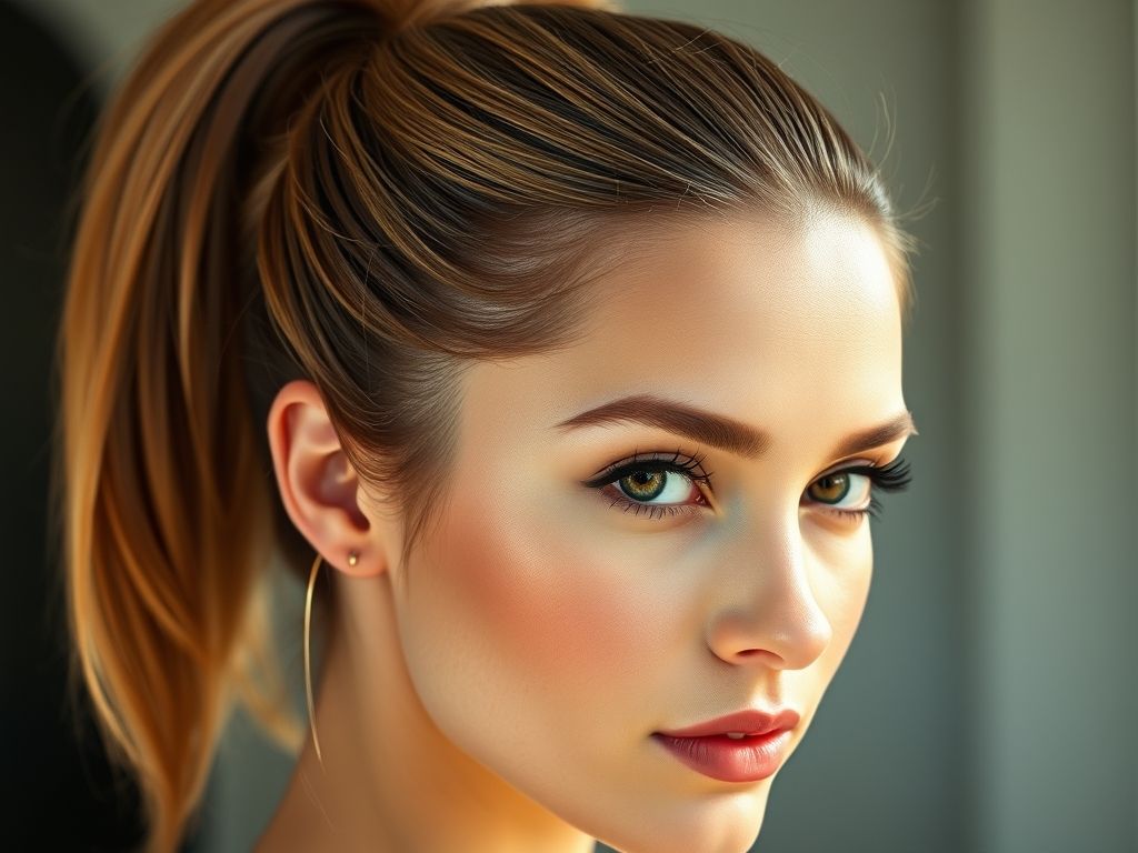 Close-up de uma mulher com cabelo castanho claro em um rabo de cavalo alto, mostrando o efeito lifting no rosto.