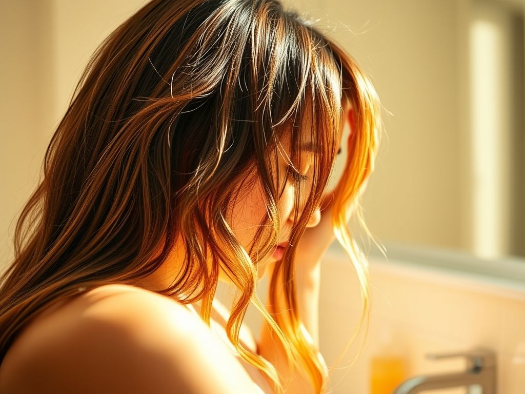 Mulher sorrindo aplicando máscara caseira de hidratação no cabelo.