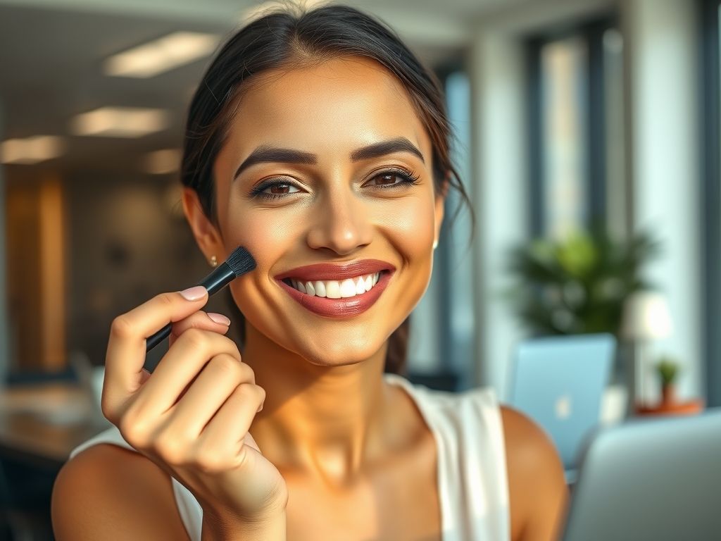 Mulher aplicando maquiagem leve e natural em um escritório.