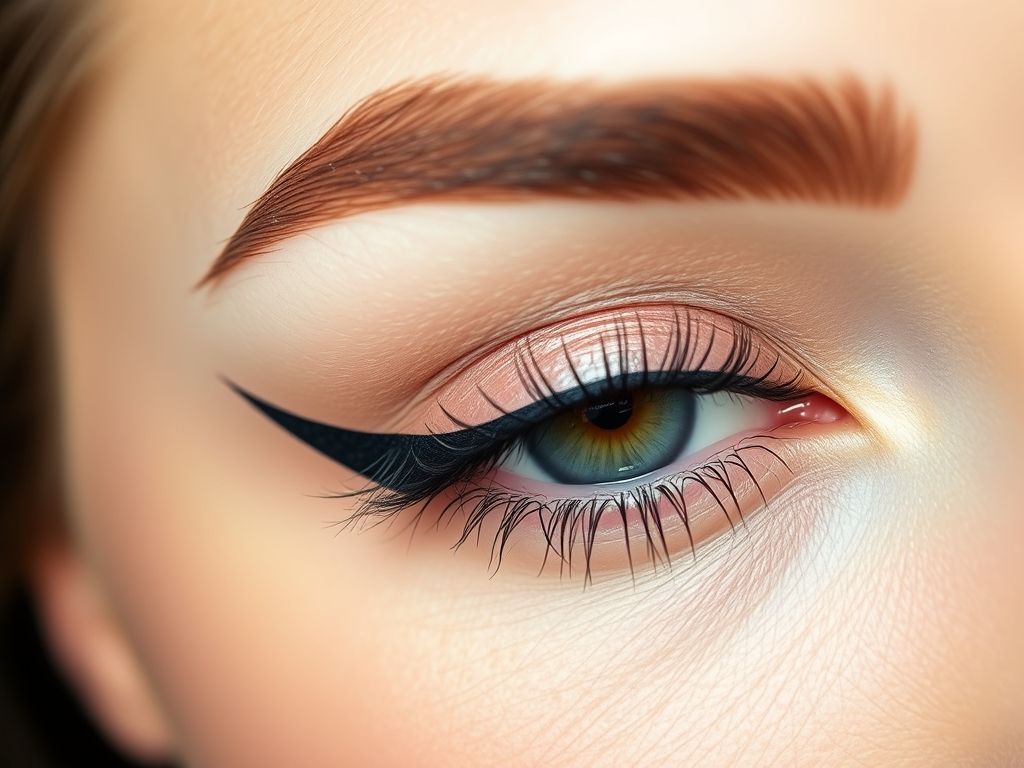 Close-up de um olho feminino com diferentes tipos de delineado (feltro, pincel, caneta e gel).