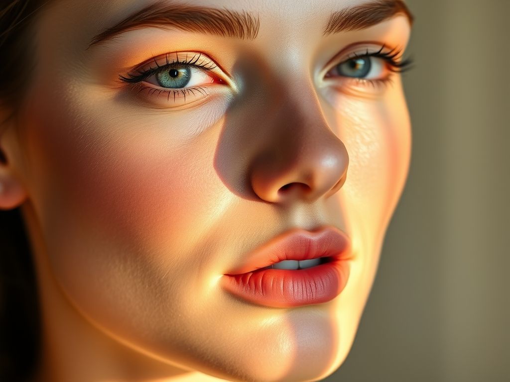 Rosto de uma mulher com pele impecável, mostrando o brilho sutil do iluminador líquido nas maçãs do rosto, nariz e arco do cupido.
