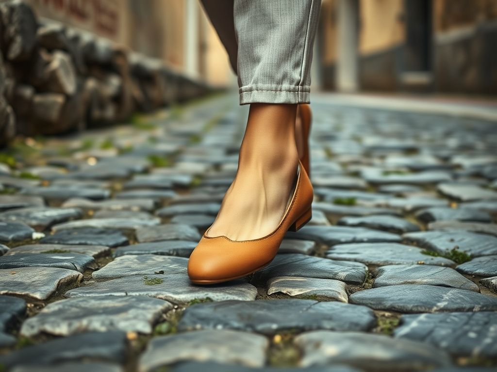 Pés de uma mulher usando sapatilhas bico redondo confortáveis em uma rua de paralelepípedos.