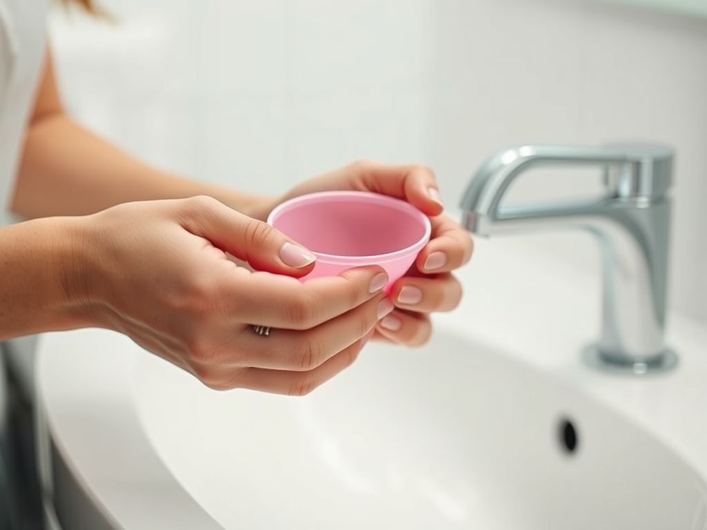 Mãos femininas dobrando um coletor menstrual rosa usando a técnica de dobra em C.