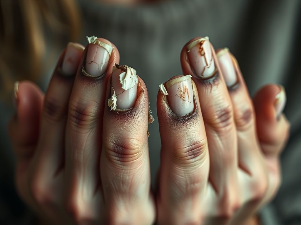 Close-up de unhas fracas e quebradiças, mostrando danos e imperfeições.