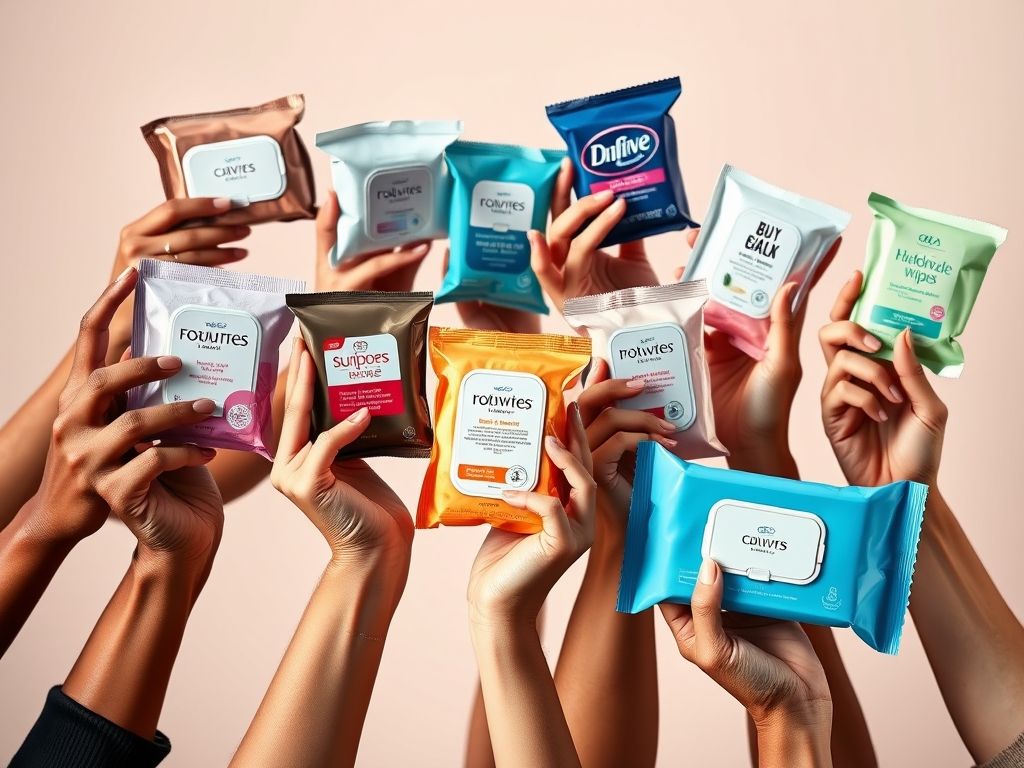 Variedade de lenços demaquilantes de diferentes marcas.