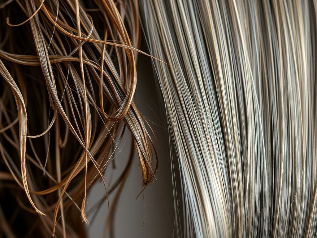 Comparação visual entre um cabelo ressecado com pontas duplas e um cabelo hidratado e brilhante.