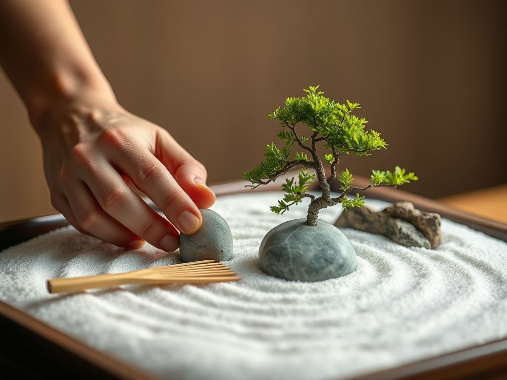 Close-up de mãos arrumando delicadamente pequenas pedras em um jardim zen em miniatura. O jardim inclui areia branca fina, um pequeno rastelo e um minúsculo bonsai.