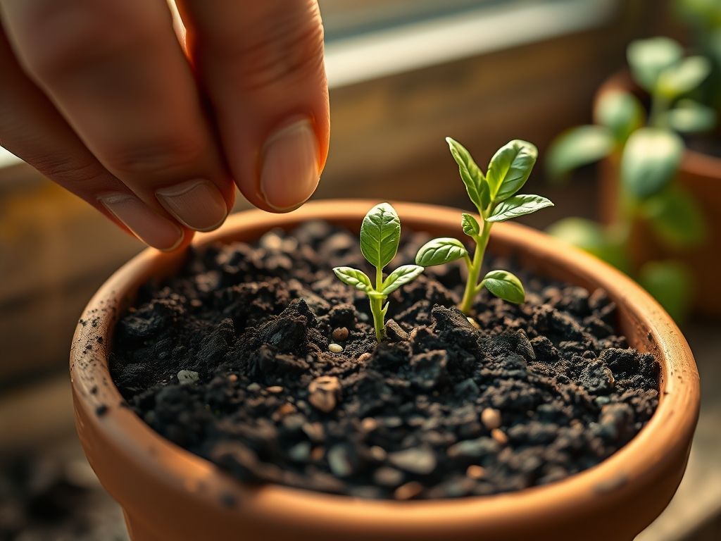 Mãos plantando sementes de manjericão em um vaso pequeno com terra.