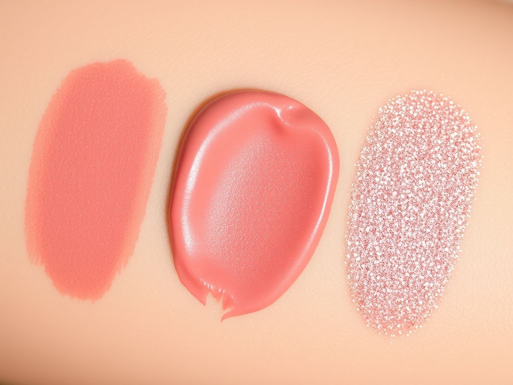 Close-up de três blushes cremosos com acabamentos matte, acetinado e cintilante, mostrando suas texturas e cores sutis.