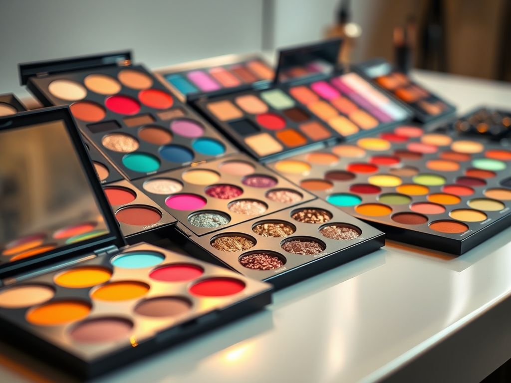 Diversas paletas de sombras coloridas dispostas artisticamente, mostrando uma variedade de cores vibrantes.