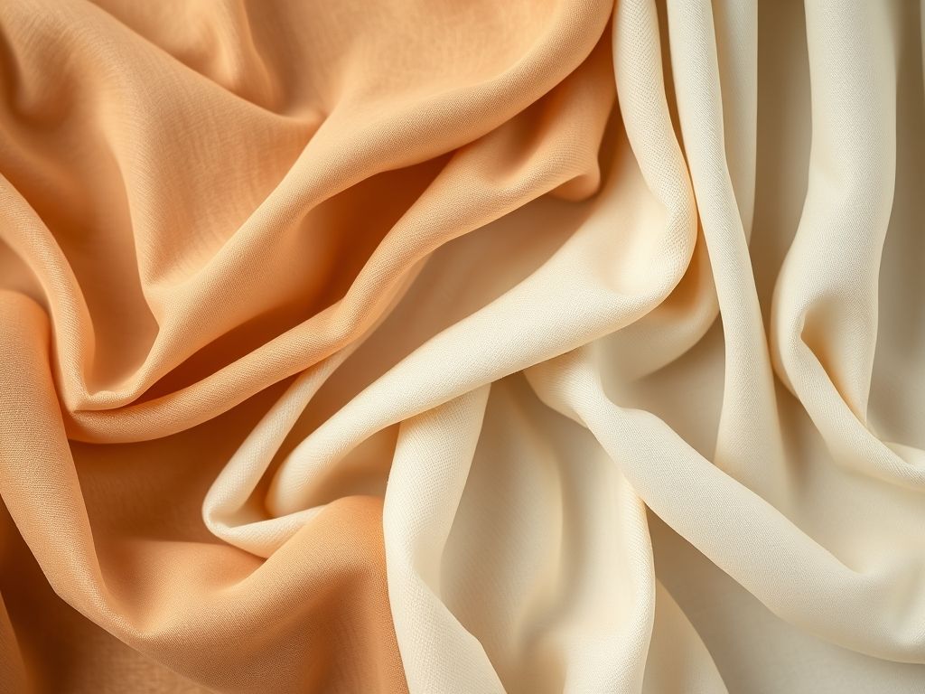 Close-up de texturas de tecidos que valorizam o corpo plus size: viscose fluida, linho texturizado, algodão macio e crepe elegante.