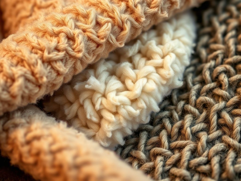 Close-up de texturas de tecidos para casacos de inverno: cashmere, fleece e lã.