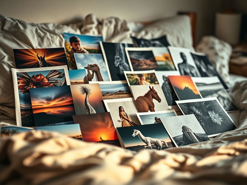 Close-up de várias fotografias exibidas em um quarto. As fotos mostram diferentes paletas de cores: algumas são vibrantes e coloridas, outras são neutras e em preto e branco. As imagens incluem paisagens, retratos e arte abstrata. O fundo é uma parede de cor neutra. O estilo é limpo e moderno, mostrando como diferentes esquemas de cores podem ser incorporados em uma exibição de fotos.