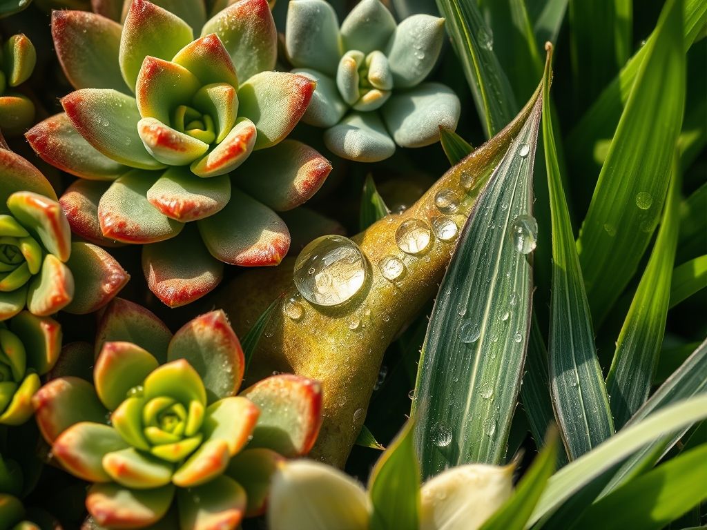 Close-up de folhas de diferentes plantas (suculenta, folha larga, folha fina) com gotas de água, mostrando as diferentes texturas e capacidades de retenção de água.