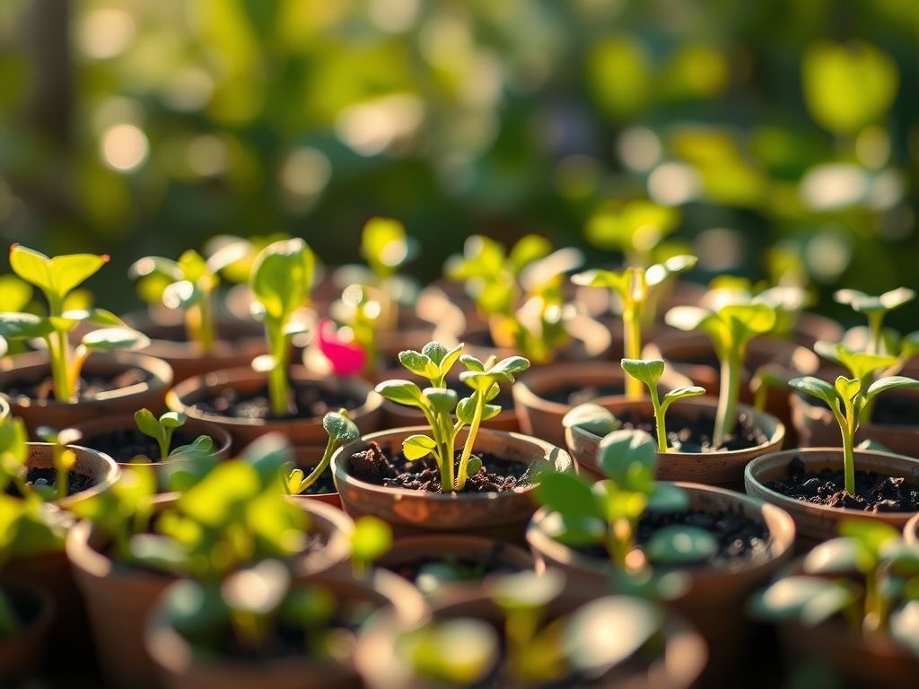 Mudas de diferentes plantas em pequenos vasos, mostrando vários estágios de crescimento.