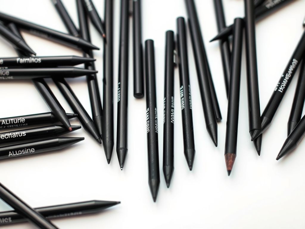 Close-up de vários tipos de lápis de olho preto (comum, kajal, à prova d'água, retrátil, em gel, com glitter) dispostos em uma superfície branca.