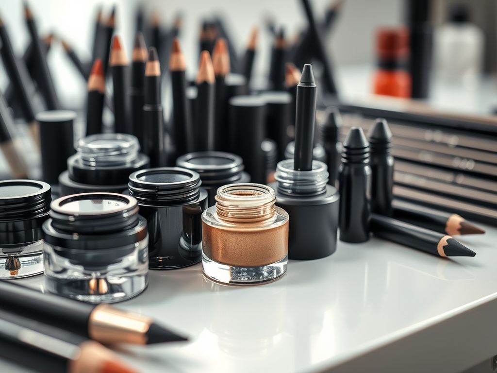 Imagem mostrando diferentes tipos de delineadores: caneta, gel, líquido e lápis.