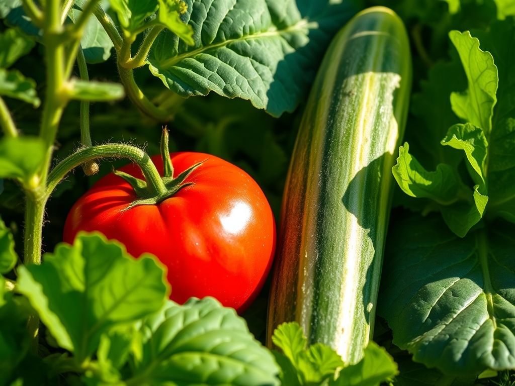 Close-up de diversos vegetais em uma horta caseira, mostrando sinais de amadurecimento.