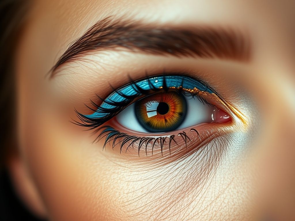 Close de um olho castanho com delineado turquesa vibrante na pálpebra superior e dourado sutil na linha d'água.