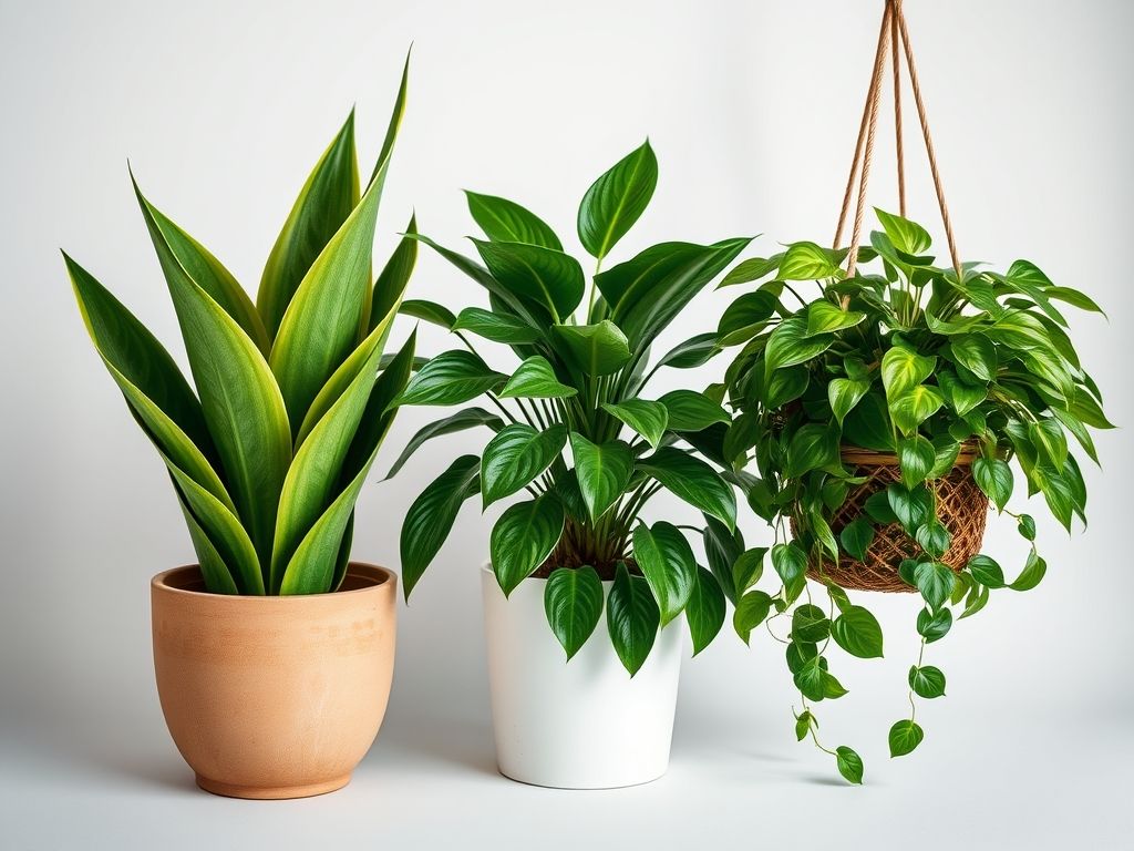 Close-up de três plantas em vasos individuais: Espada-de-São-Jorge verde vibrante, Jiboia exuberante pendurada em um cesto e um elegante Lírio-da-Paz com sua flor branca característica.