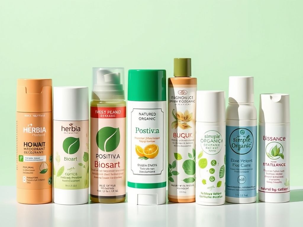 Colagem com embalagens de diversas marcas brasileiras de desodorante natural: Herbia, Positiv.a, Bioart, Biossance, Simple Organic.