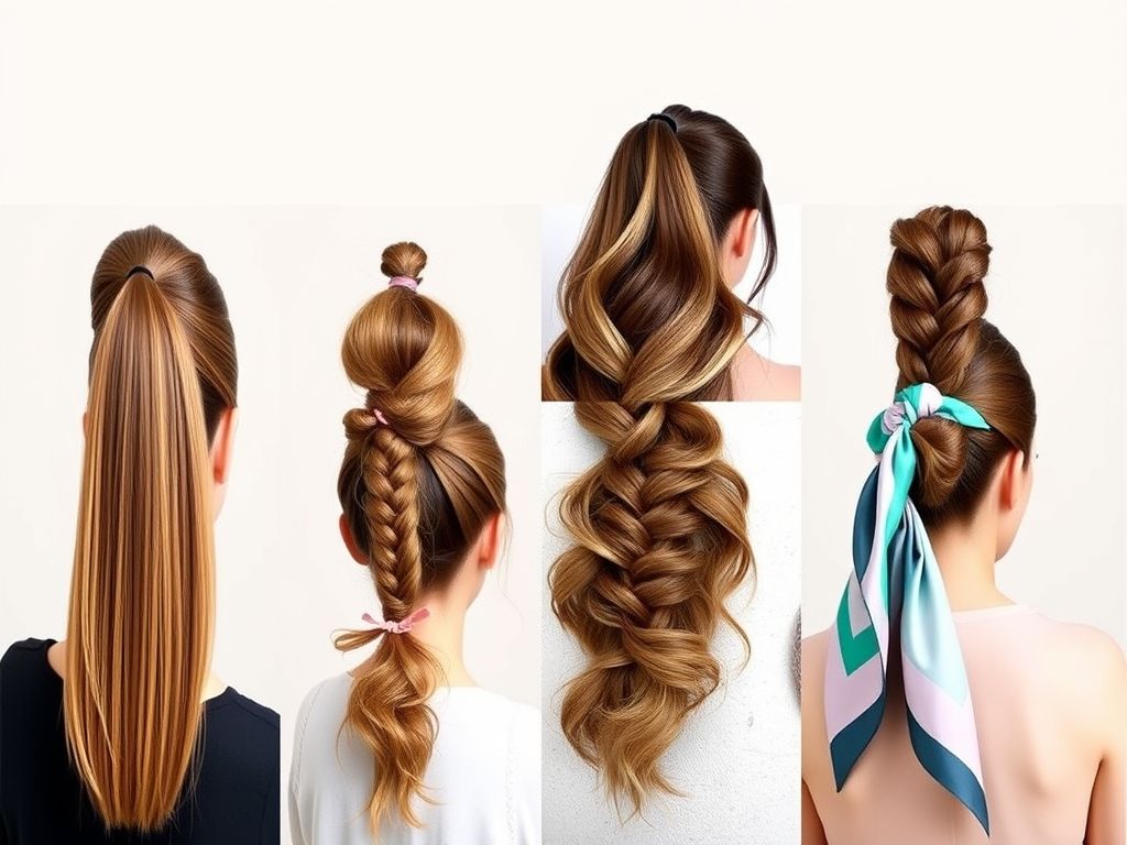 Colagem mostrando quatro estilos diferentes de rabo de cavalo alto: clássico, texturizado, com trança e com lenço.