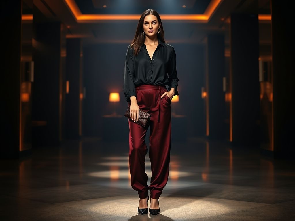 Mulher elegante vestindo calça slouchy cor vinho escuro, um top de seda preto e salto alto. Ela está segurando uma clutch. O fundo é um espaço de eventos sofisticado com pouca luz e iluminação suave.