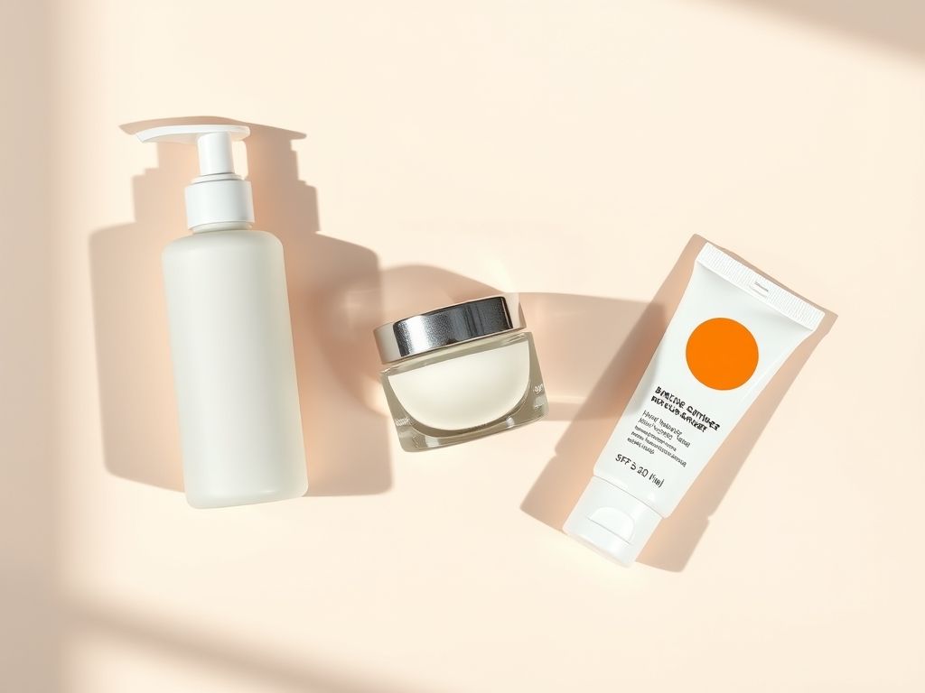 Imagem plana de produtos essenciais para skincare: sabonete facial, hidratante e protetor solar.