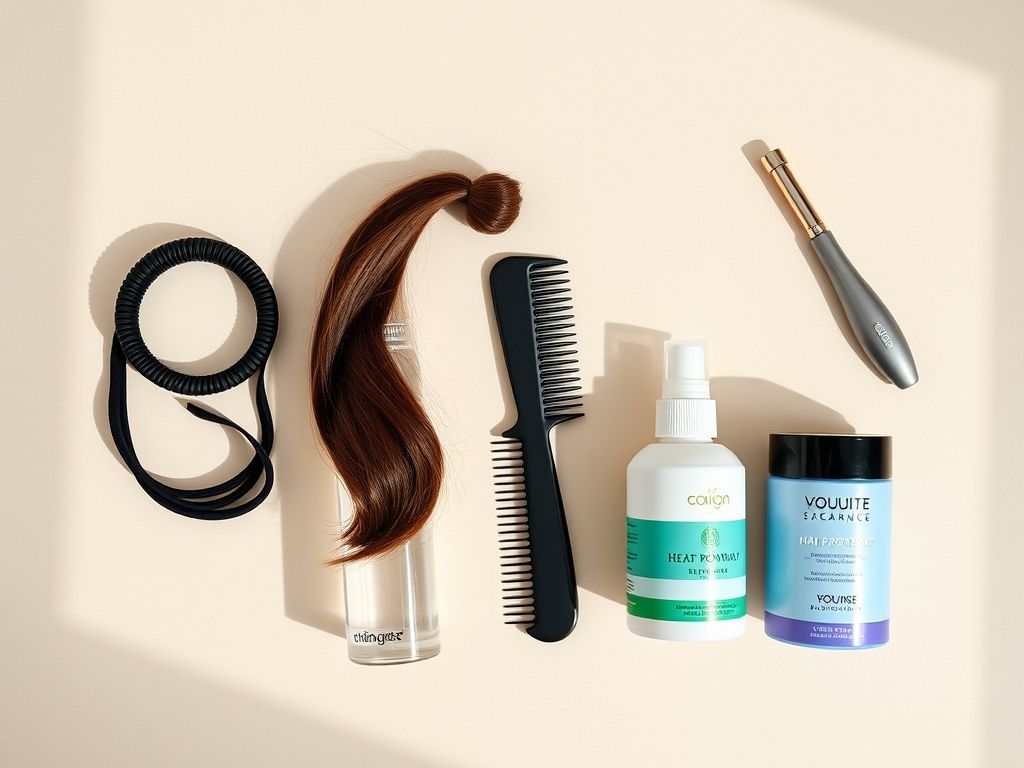 Imagem de produtos essenciais para fazer um rabo de cavalo alto: elástico, spray fixador, pente fino, protetor térmico e mousse texturizador.