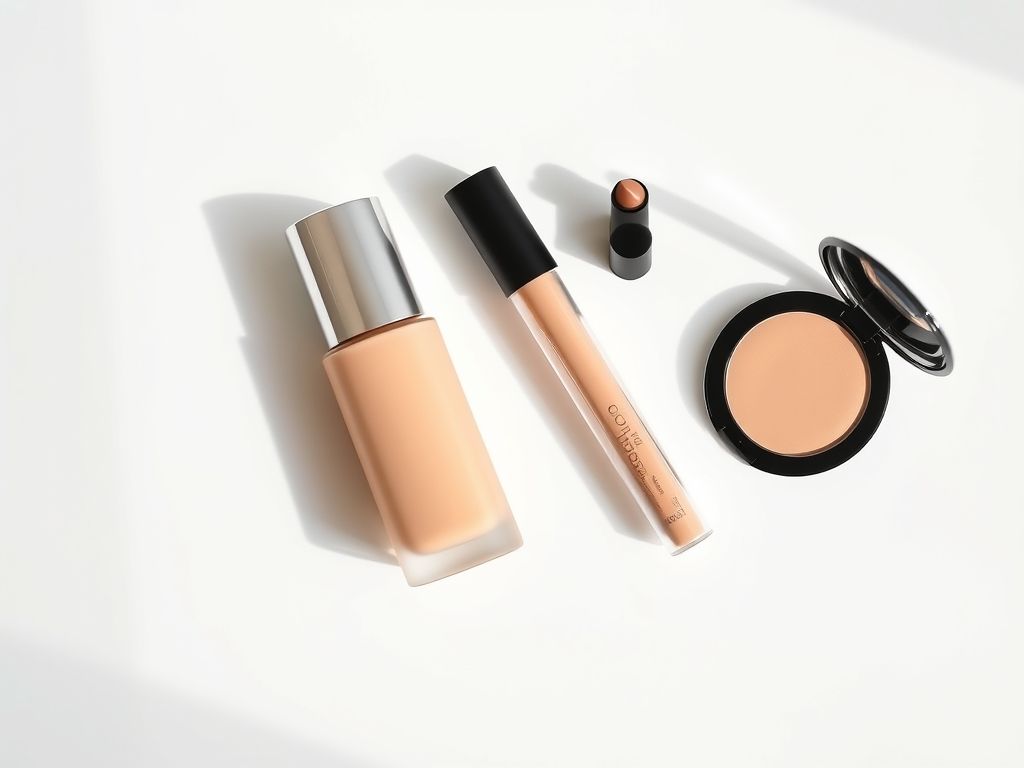 Produtos essenciais de maquiagem para o trabalho: base, corretivo, pó compacto e batom nude.