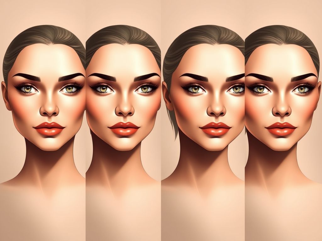 Ilustrações de contorno em pó para diferentes formatos de rosto: redondo, oval, quadrado e triangular.