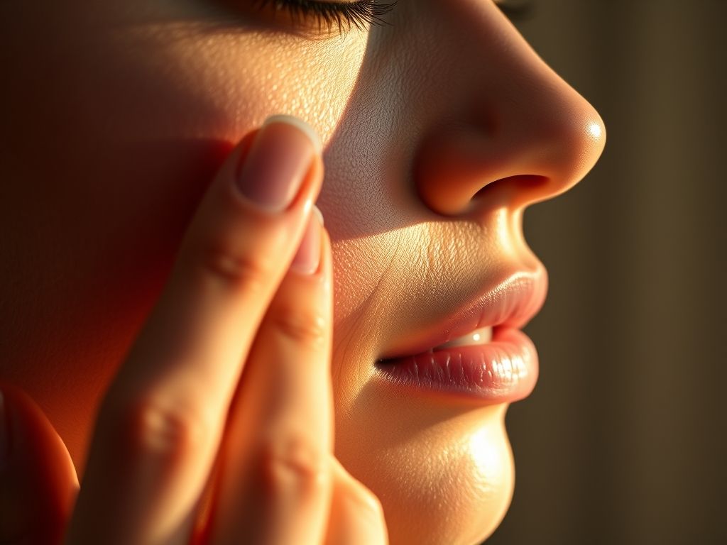 Mão aplicando iluminador líquido com a ponta do dedo na maçã do rosto de uma mulher.