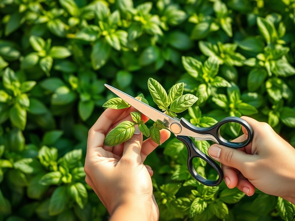 Podando uma planta de manjericão com tesoura.