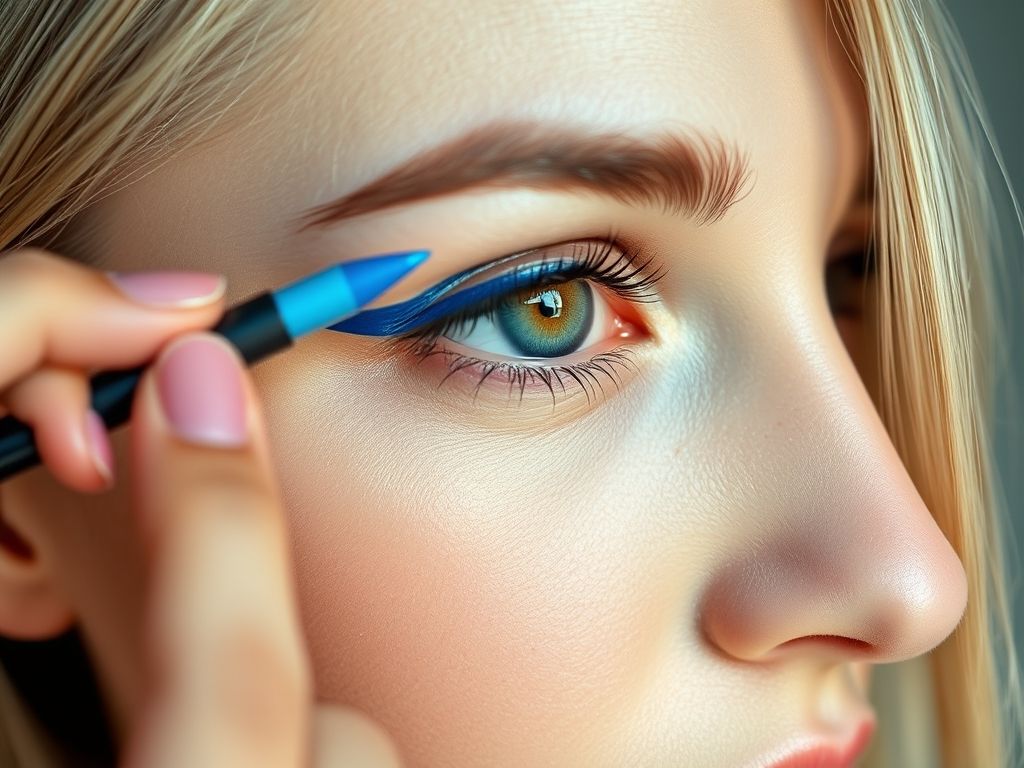 Mulher aplicando lápis de olho azul na linha d'água.