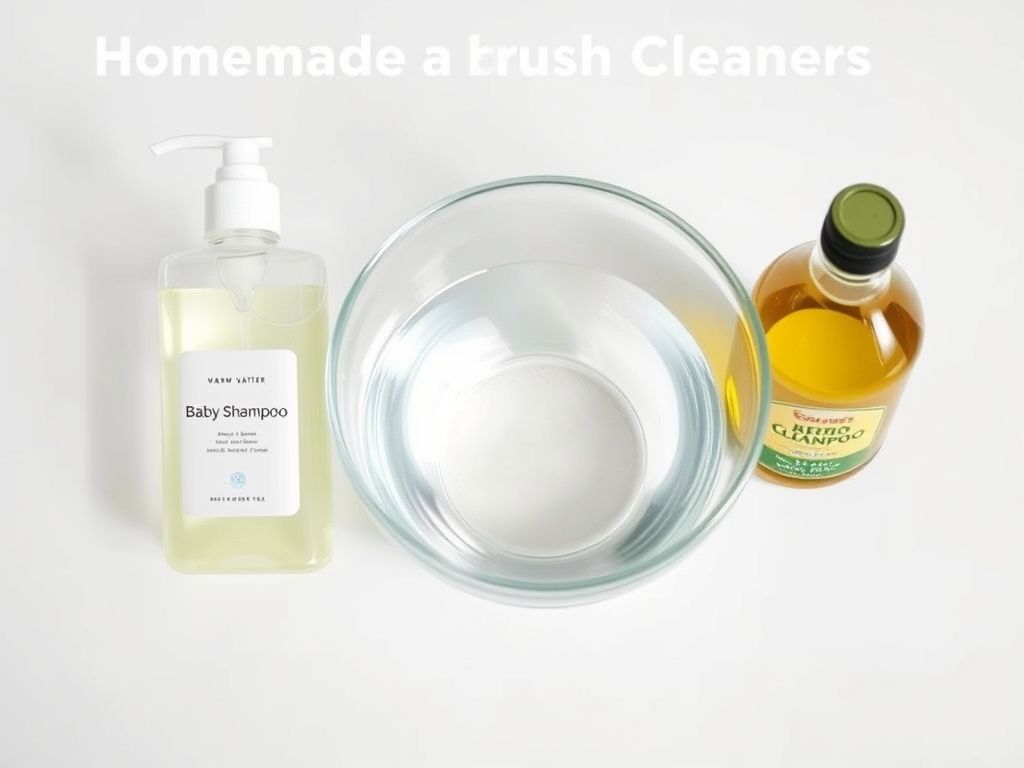 Imagem dos ingredientes para um limpador de pincéis caseiro: água morna, shampoo de bebê e azeite de oliva.