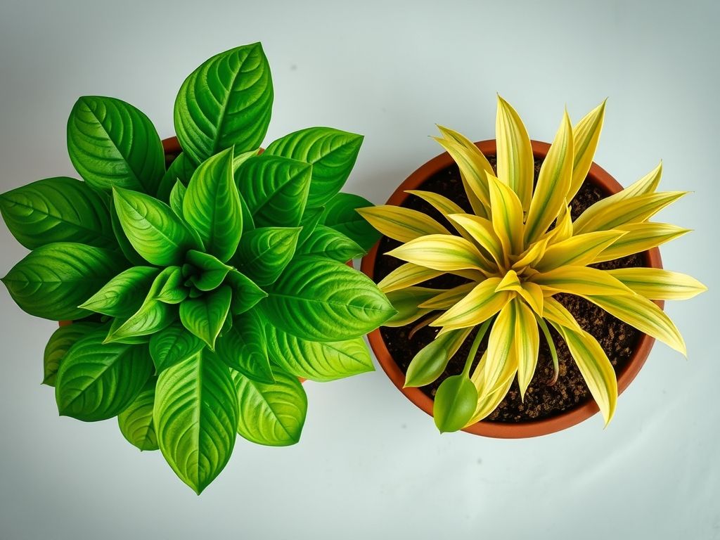 Comparativo entre uma planta saudável e uma planta com excesso de água, mostrando as folhas amareladas e o solo encharcado.