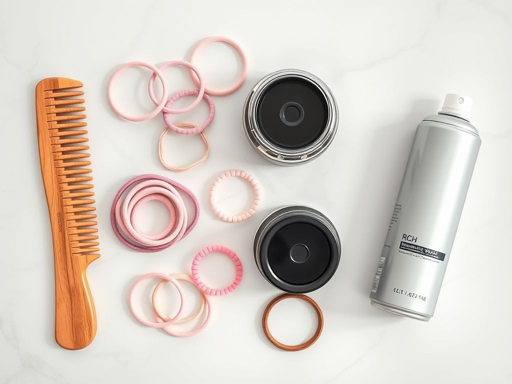 Visão de cima de produtos essenciais para fazer tranças, incluindo pente, elásticos, pomada modeladora e spray fixador.