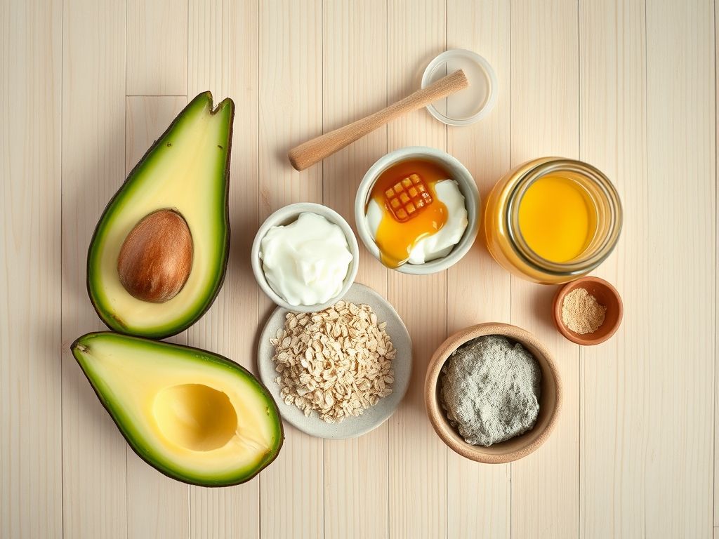 Foto de cima de ingredientes para máscaras faciais caseiras, como abacate, iogurte, mel, aveia, argila verde e chá verde.