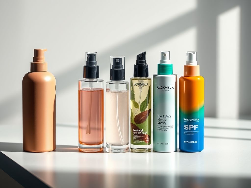 Quatro frascos de fixador de maquiagem: matte, dewy, natural e com protetor solar.