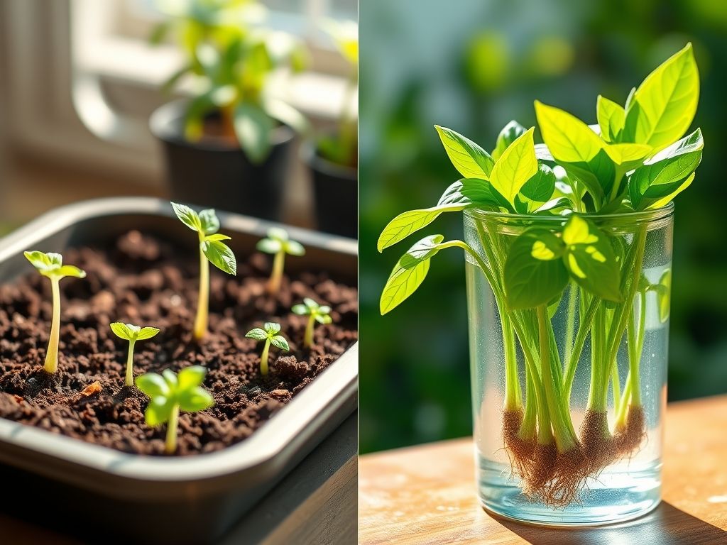 Comparação entre mudas de manjericão e sementes germinando.